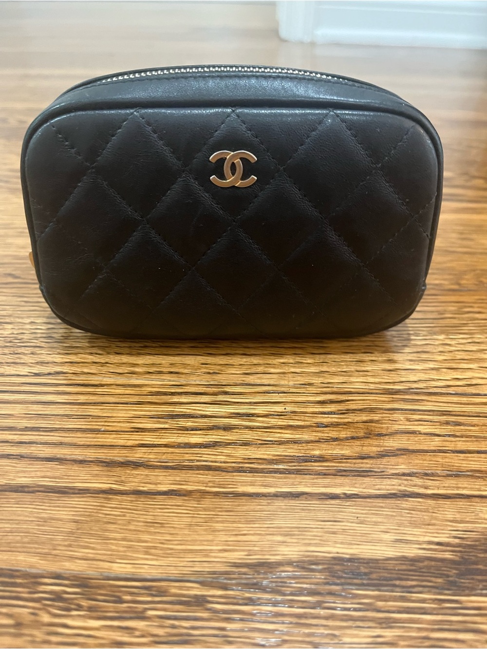 CHANEL  Authentic  Black Quilted Leather Cosmetic Case with Gold CC Emblem